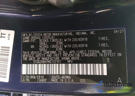 2021 Toyota Highlander Xle из США, поврежденный, VIN 5TDGZRBH7MS112101